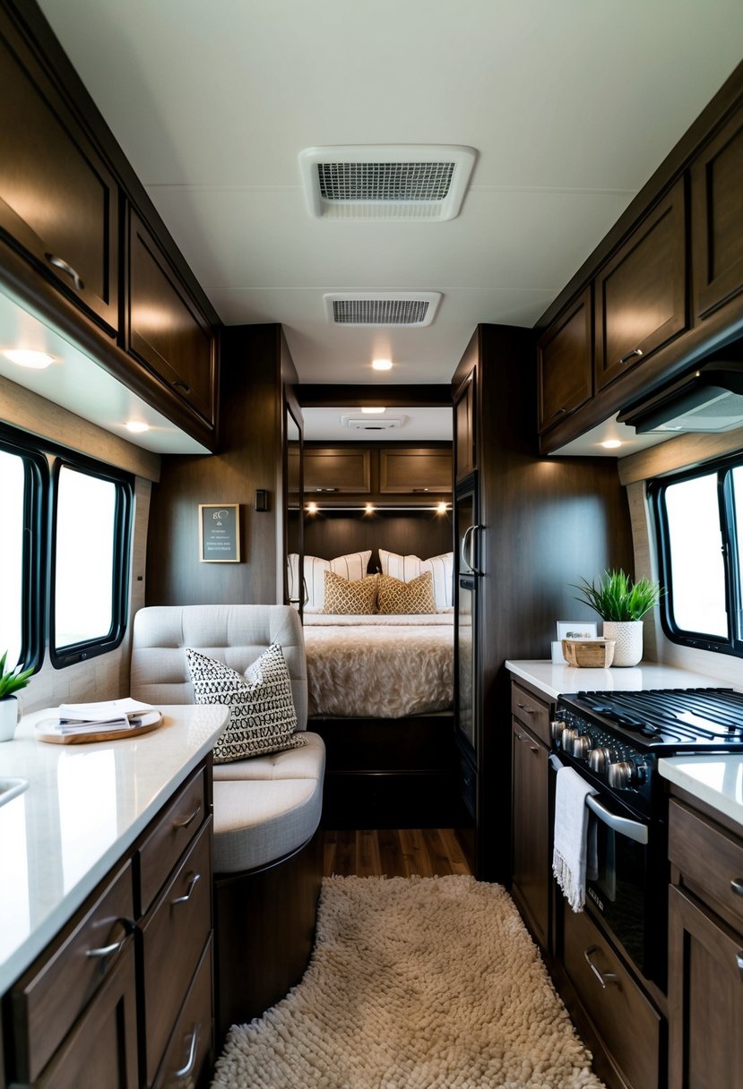 A luxurious RV interior with modern decor, plush seating, and stylish accessories. A cozy bed with elegant bedding and a fully equipped kitchen with sleek appliances