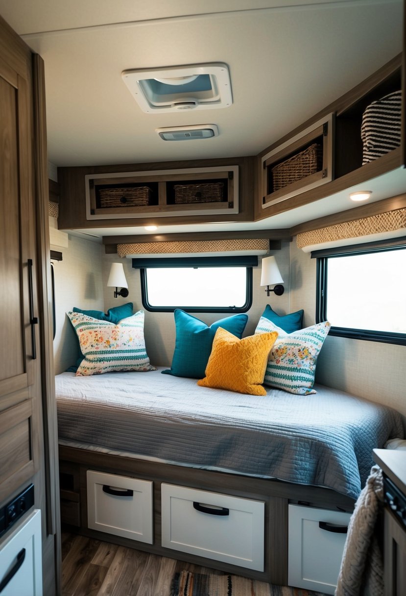 A cozy RV bedroom with clever storage solutions: hanging organizers, under-bed drawers, and wall-mounted shelves. Decorative pillows and blankets add a touch of comfort and style