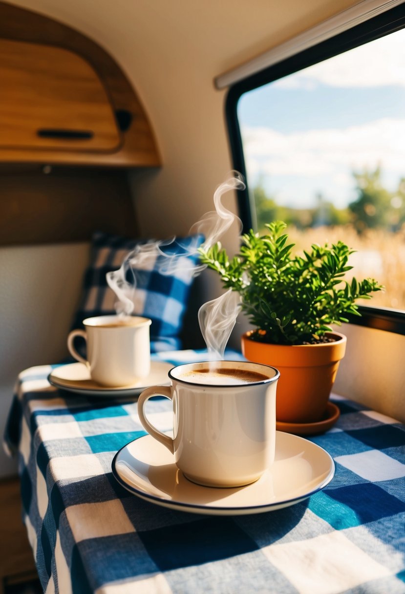 A cozy camper table with a checkered tablecloth, potted plant, and a steaming mug of coffee. The sunlight streams in through the window, casting a warm glow on the scene