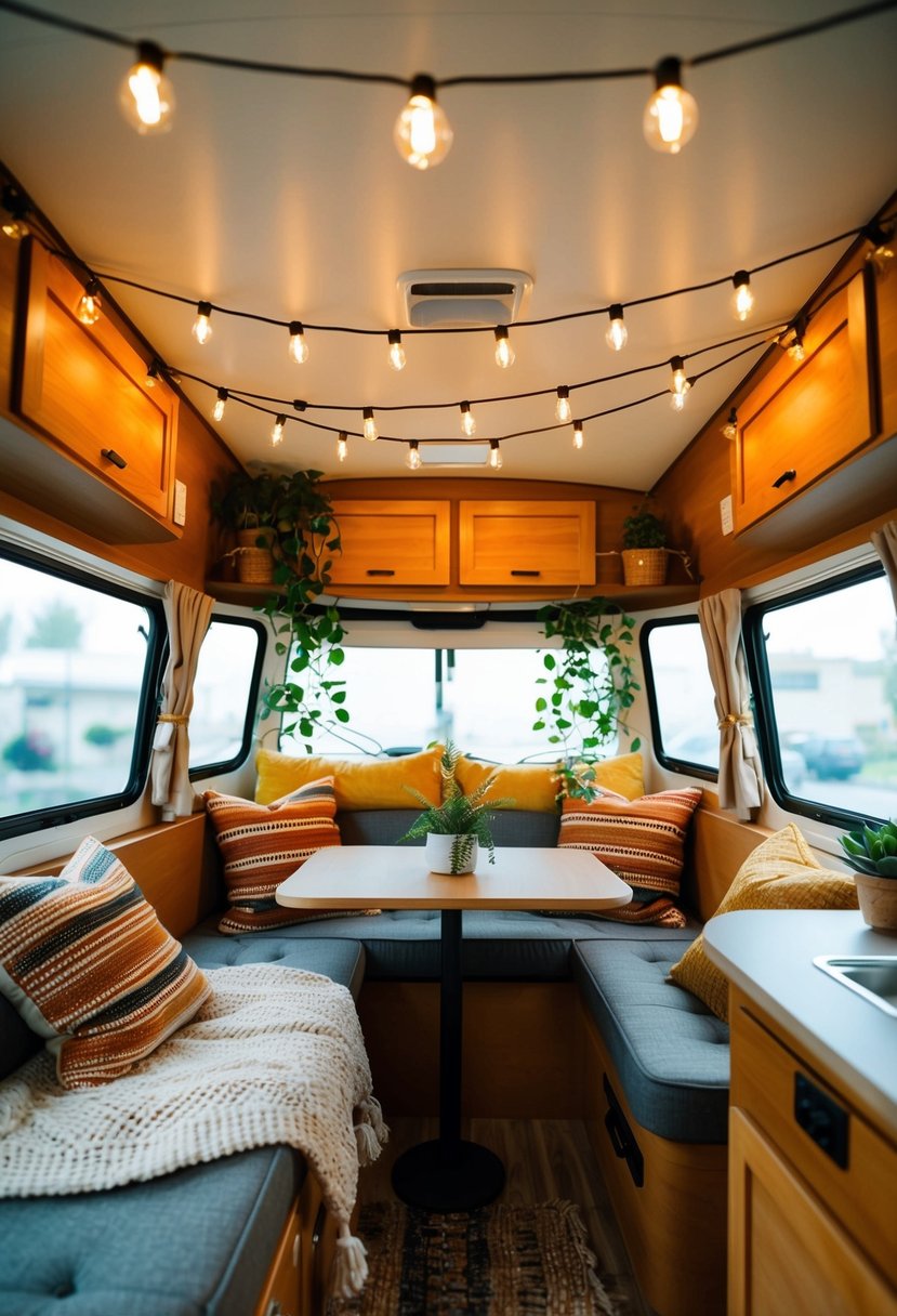 A cozy camper interior with string lights, plants, and a warm color palette. Comfy cushions and a small table create a welcoming space