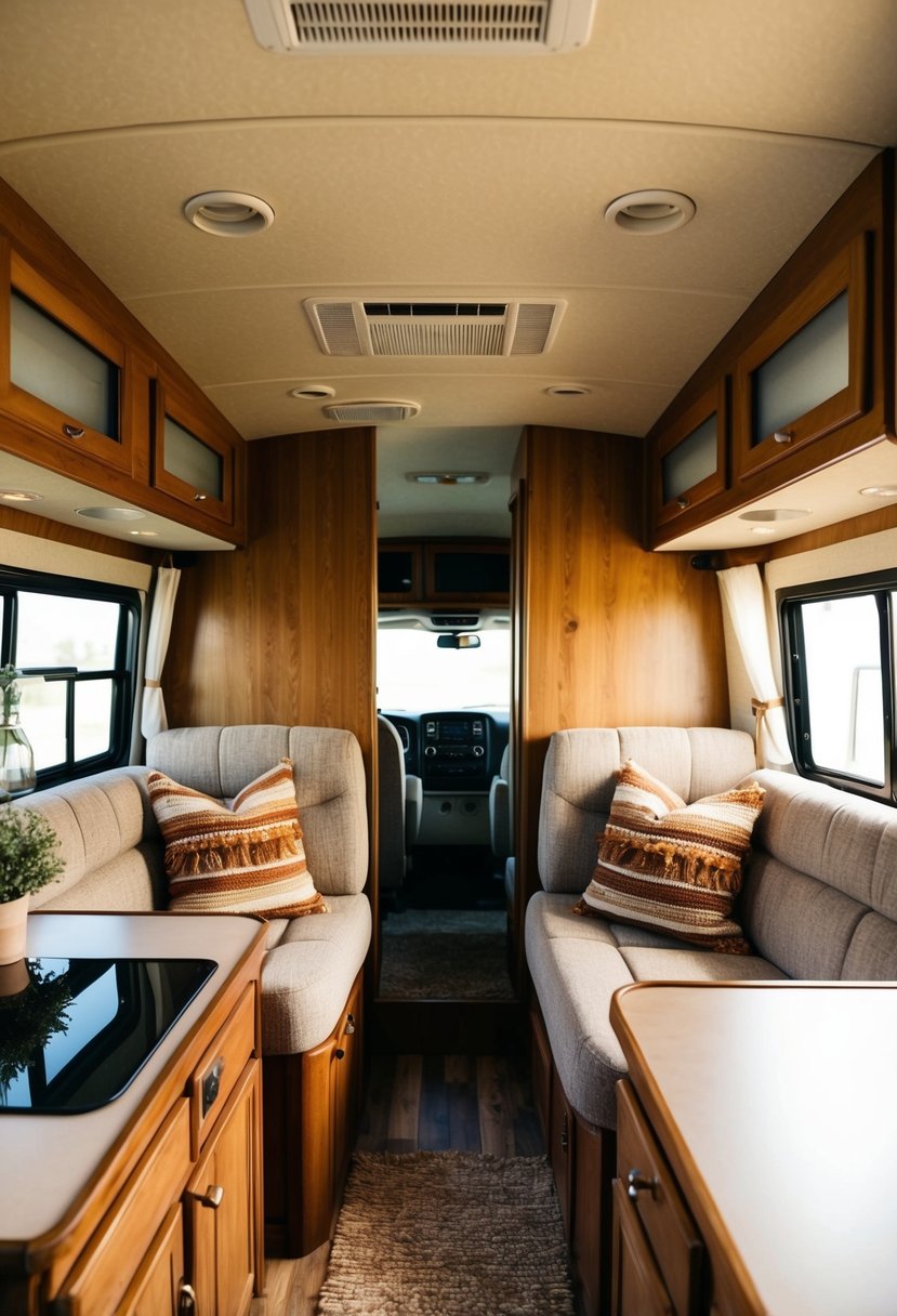 A cozy RV interior with warm lighting, plush seating, and rustic decor