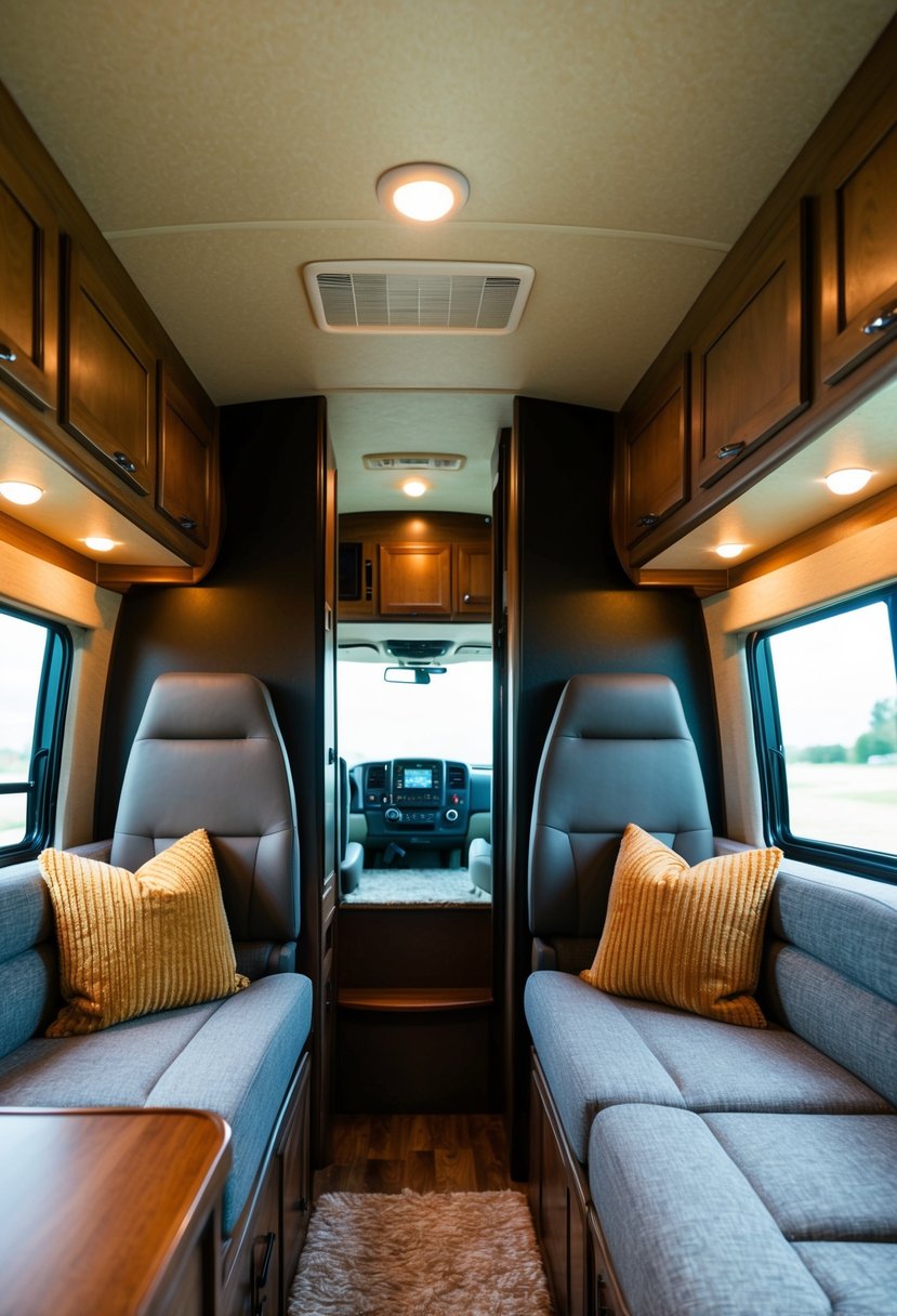 A cozy RV interior with modern decor, plush seating, and warm lighting