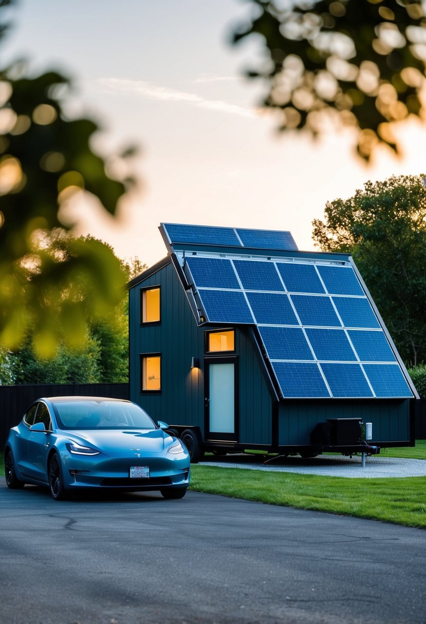 A sleek, modern tiny house with solar panels and a Tesla electric car parked nearby