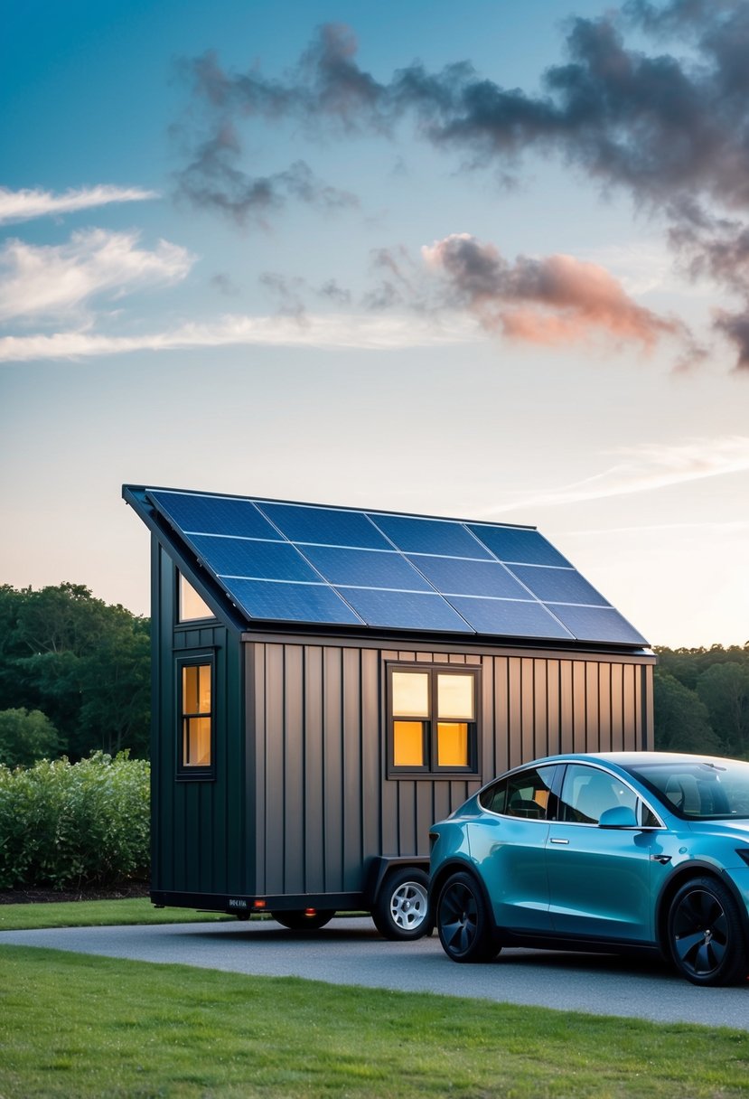 A sleek, solar-paneled tiny house stands against a backdrop of lush greenery, with a Tesla electric car parked nearby