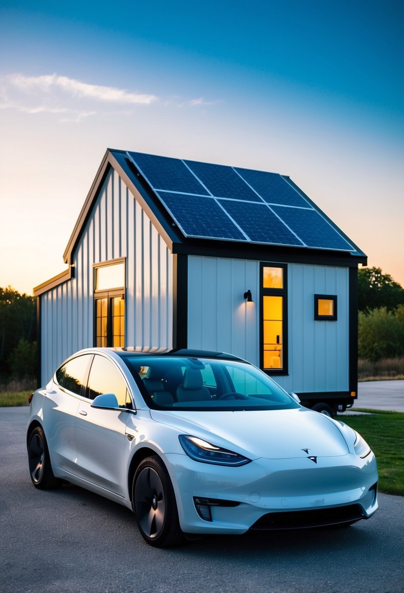 A sleek, modern tiny house with solar panels and a Tesla electric car parked outside