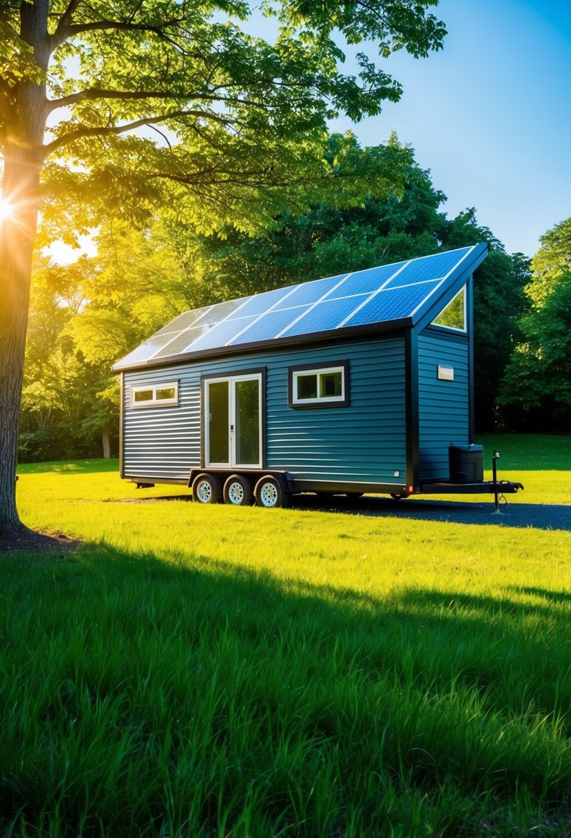 A sleek, solar-paneled tiny house sits in a lush, green landscape, surrounded by trees and bathed in sunlight