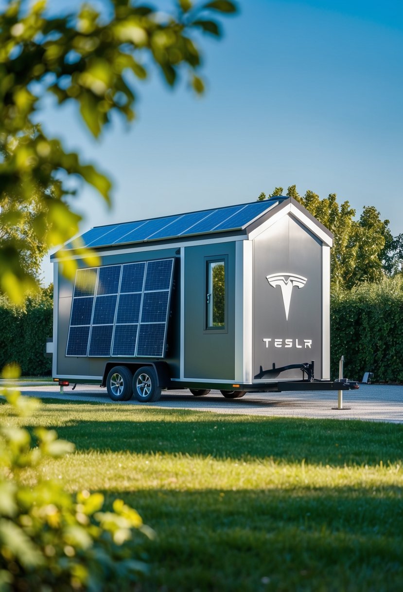 A sleek, modern tiny house with solar panels and Tesla branding, surrounded by greenery and under a clear blue sky