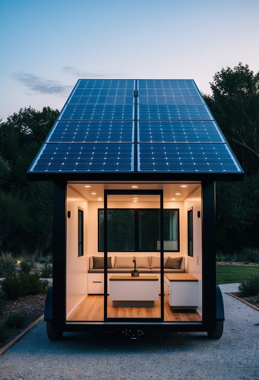 The Tesla Tiny House features sleek solar panels, a compact design, and a modern interior with sustainable energy solutions