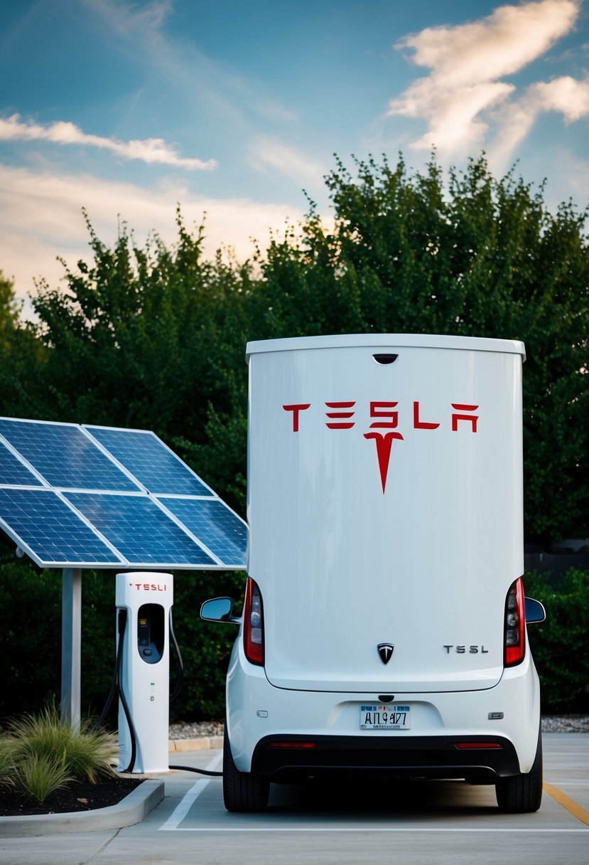 A Tesla tiny house parked at an electric vehicle charging station, surrounded by greenery and solar panels