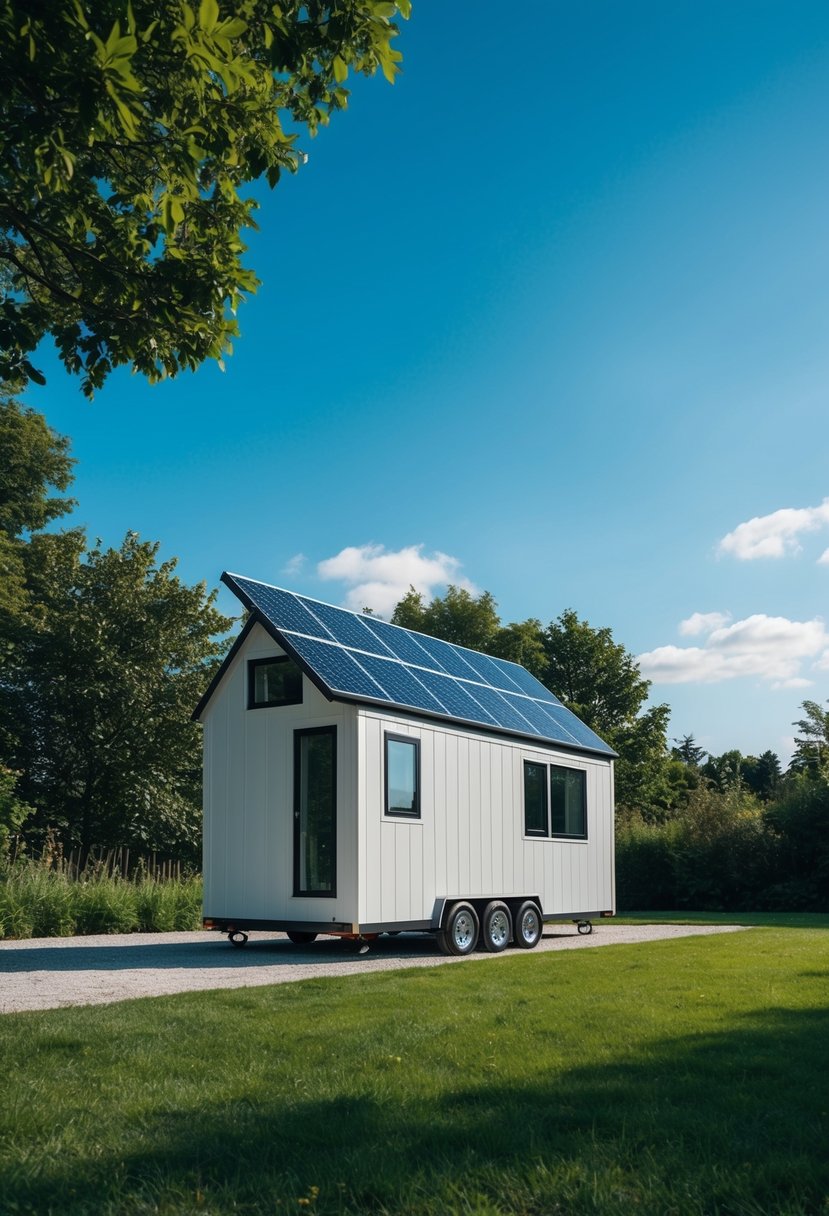 A sleek, modern tiny house with solar panels and compact design, surrounded by lush greenery and a clear blue sky