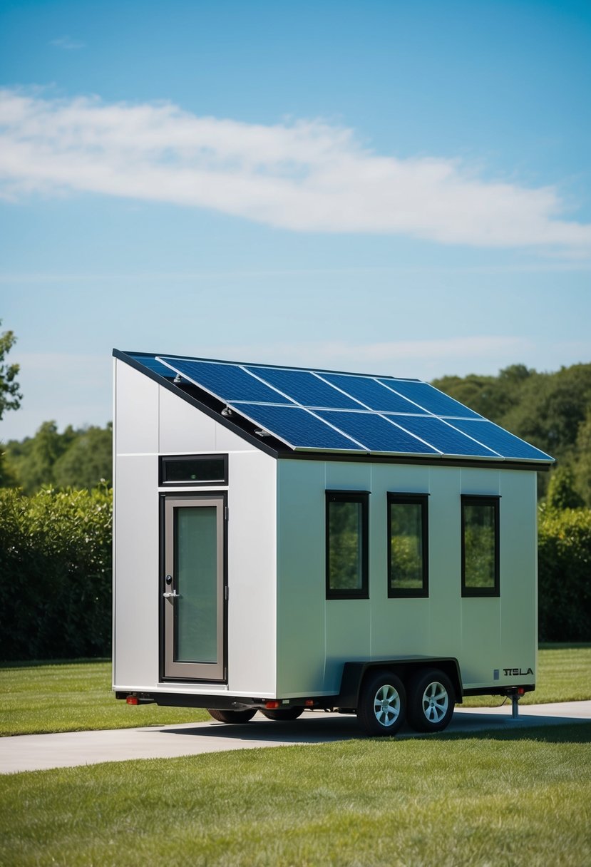 A small, sleek Tesla tiny house with solar panels and energy monitoring technology, set against a backdrop of lush greenery and clear blue skies