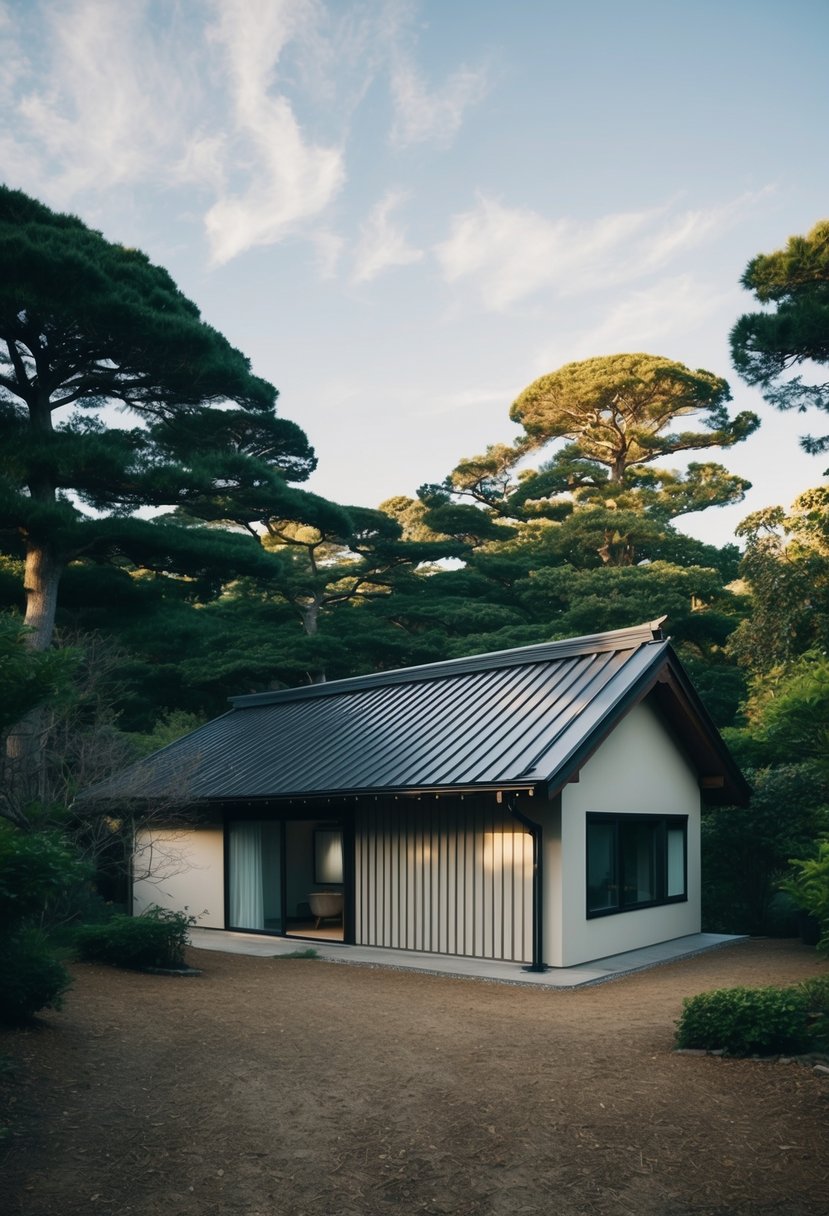 A cozy, minimalist Japanese house nestled among trees with a sloped roof and large windows, blending seamlessly with the natural surroundings