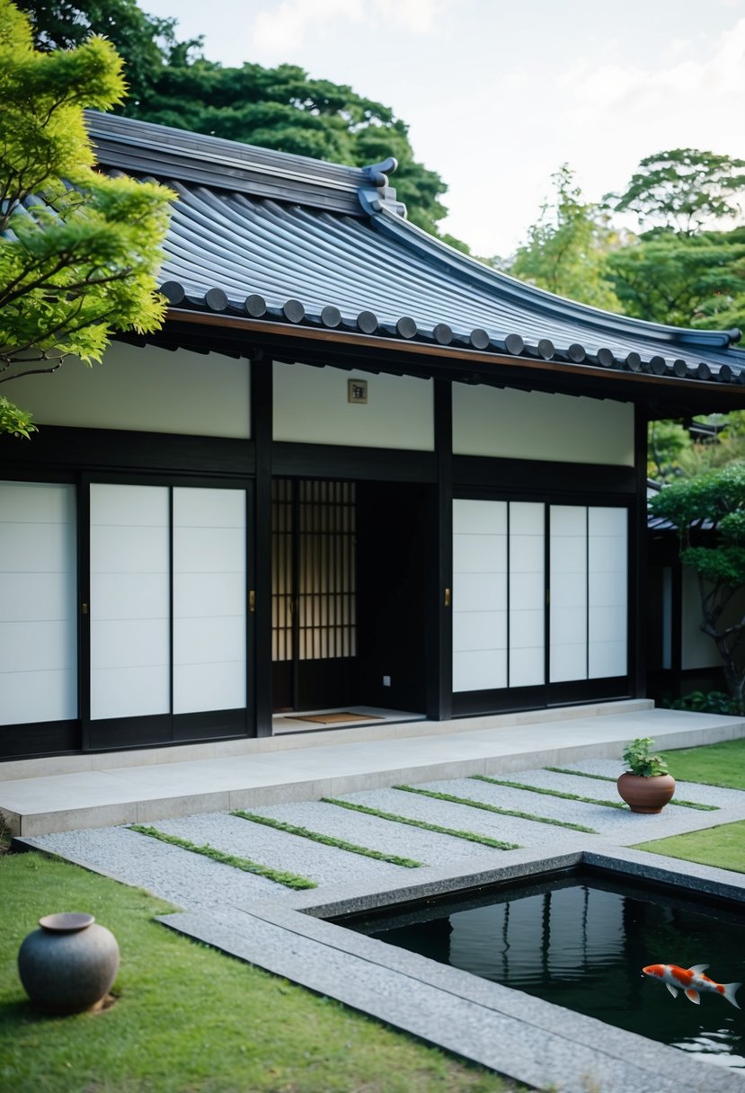 A traditional Japanese 6 Tsubo house with minimalist design and sliding doors, surrounded by a peaceful garden with a small koi pond