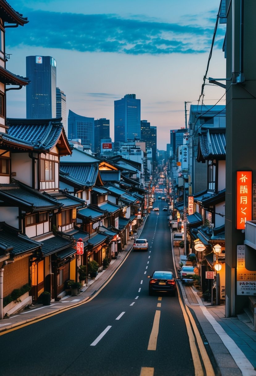 A bustling city street lined with beautifully designed Japanese small houses