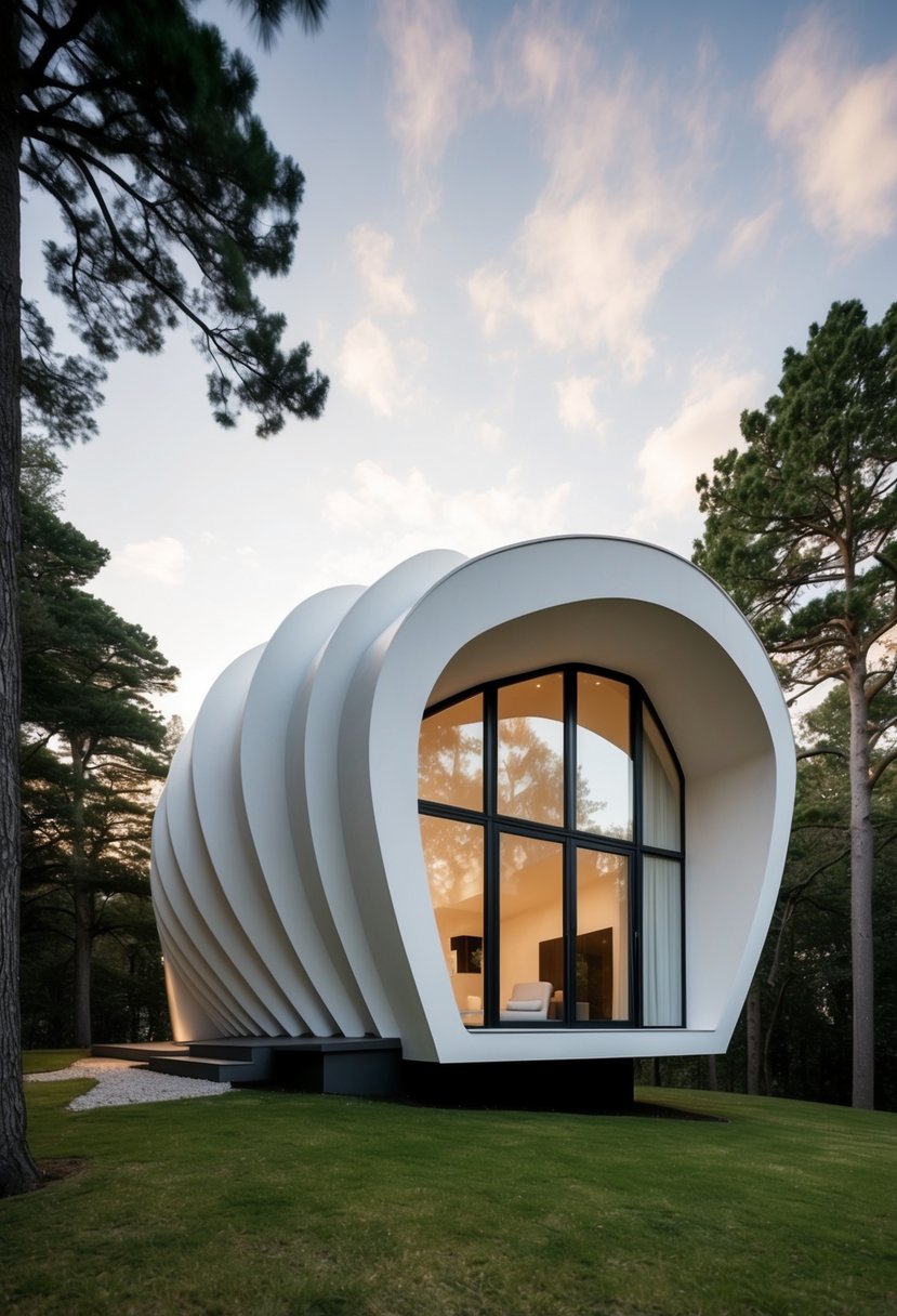 A modern, minimalist shell-shaped house nestled among trees with a sleek, angular design and large windows