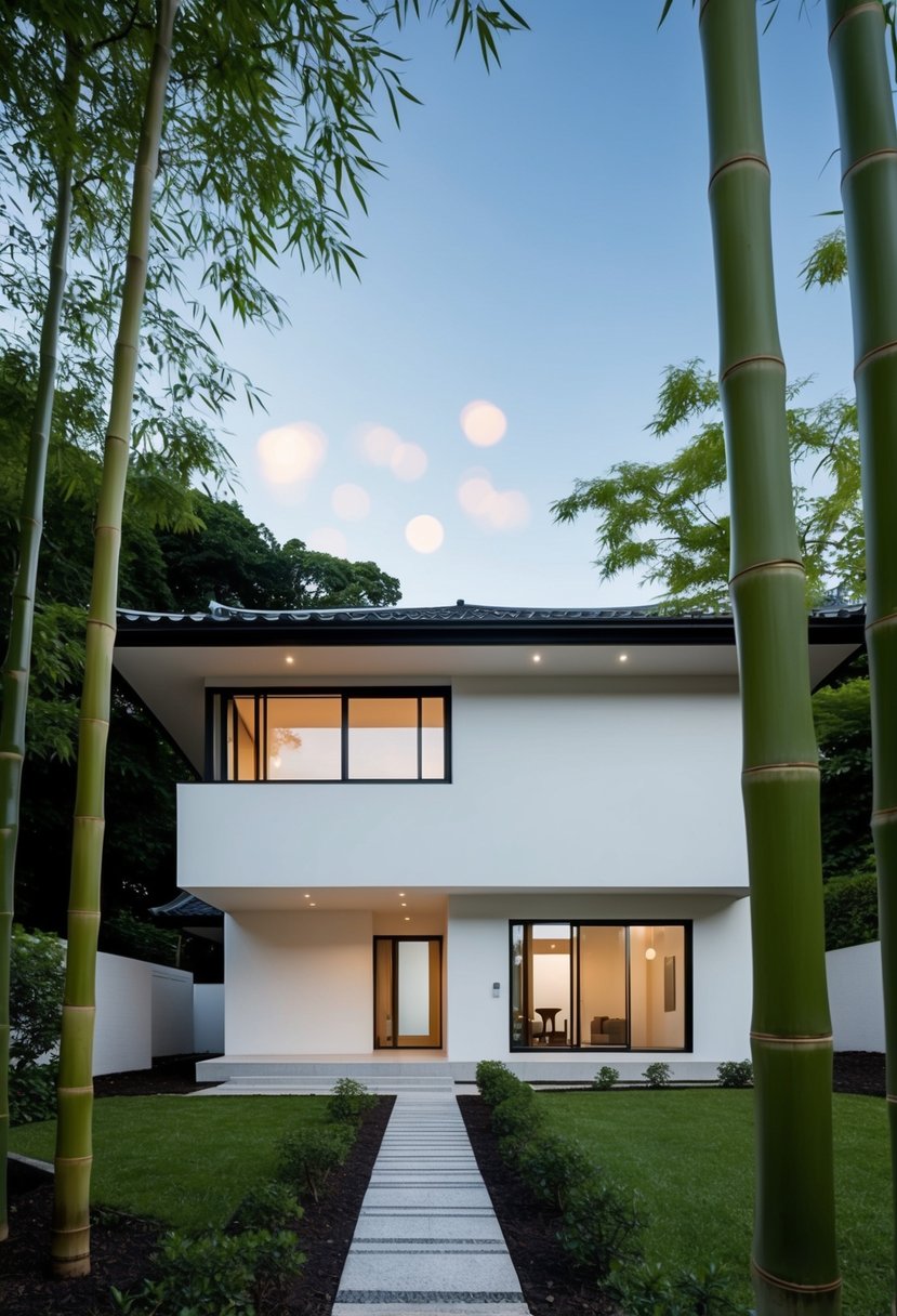 A minimalist Japanese house with clean lines, large windows, and a sloping roof nestled among tall bamboo trees