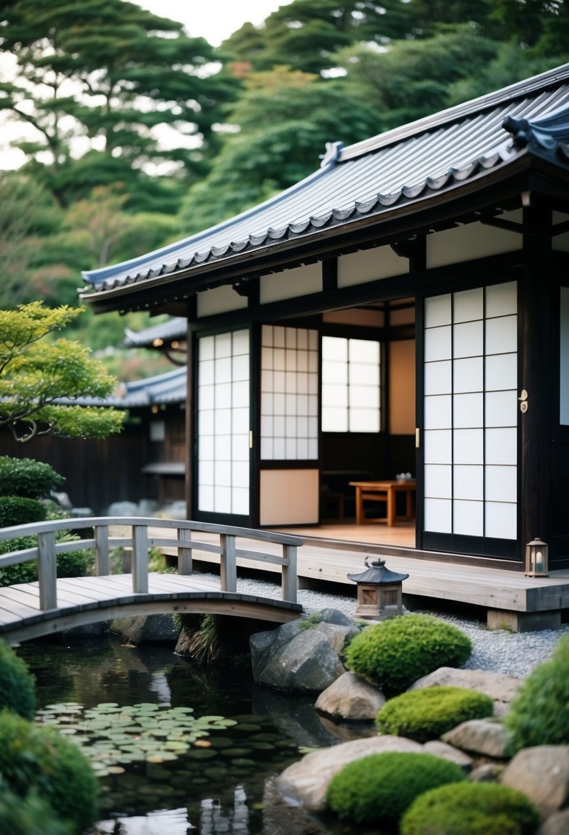 A traditional Japanese cabin with open sliding doors, surrounded by a serene garden and a small wooden bridge