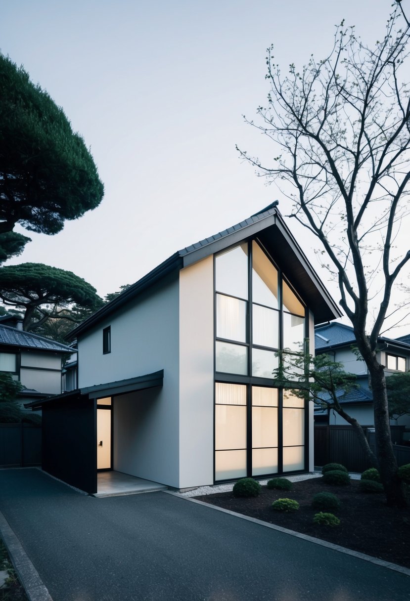 A minimalist, angular house with large windows and a sloping roof nestled among trees in a tranquil Japanese suburb