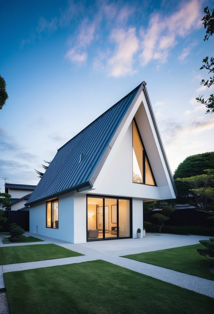 A minimalist, angular house with large windows and a sloping roof, surrounded by a peaceful Japanese garden