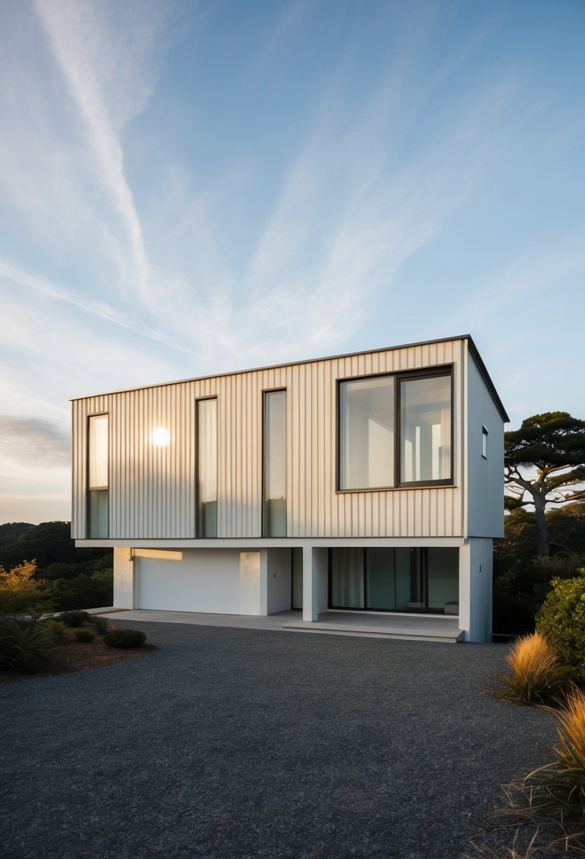 A modern Japanese house with clean lines, large windows, and a minimalist design, set against a backdrop of an open sky and natural surroundings