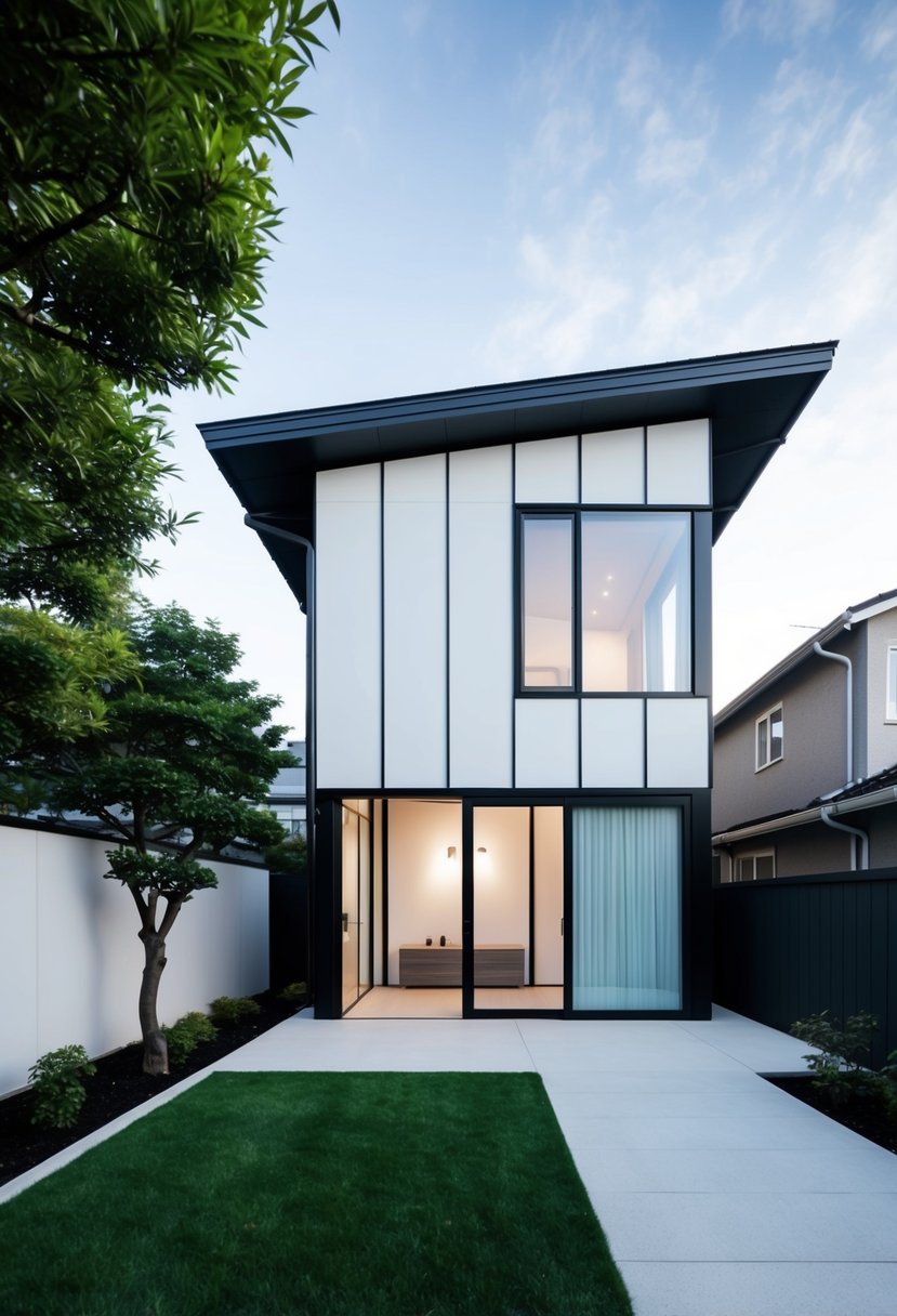 A minimalist Japanese house with clean lines, a sloping roof, large windows, and a small garden