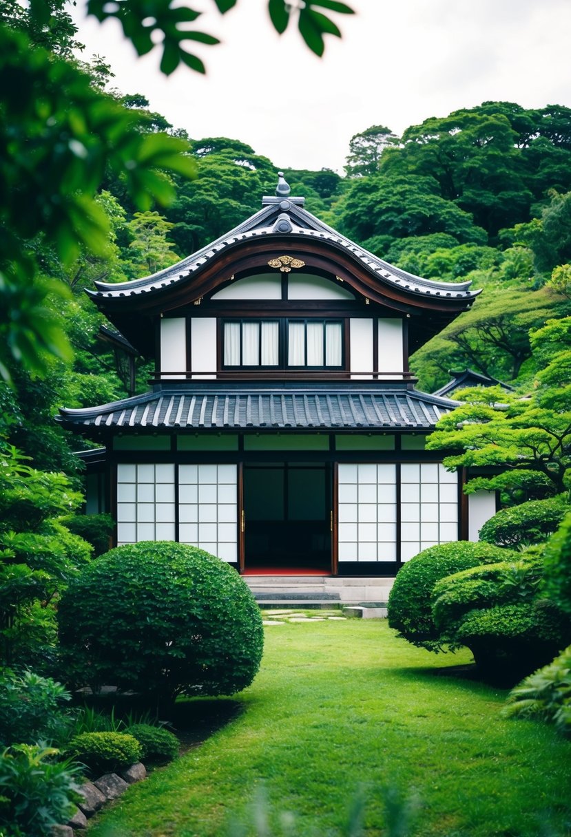 A traditional Japanese house nestled among lush greenery, with a curved roof and sliding paper doors