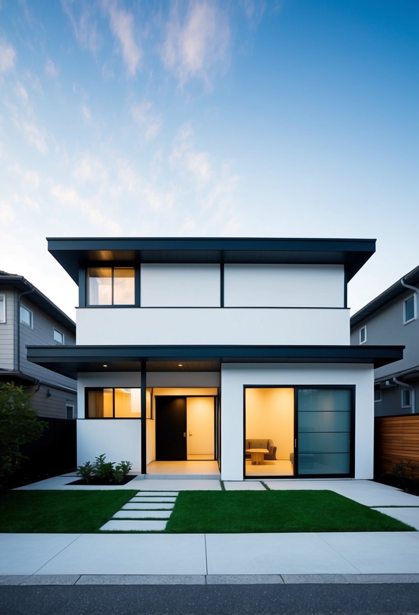 A minimalist Japanese house with clean lines, sliding doors, and a small garden