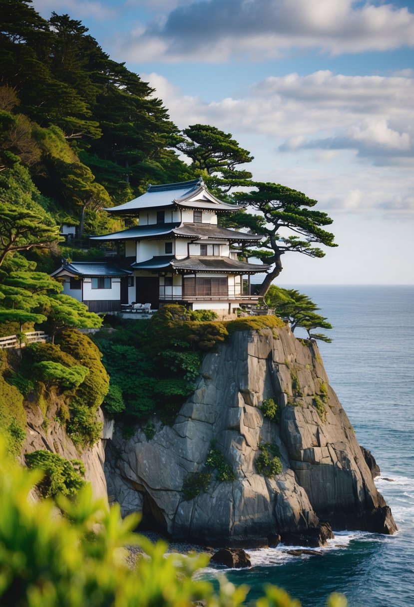 A traditional Japanese cliff house perched on a rocky outcrop, surrounded by lush greenery and overlooking the ocean