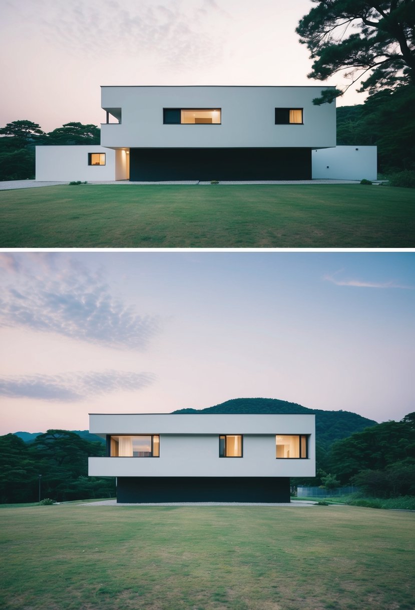 A minimalist house in Toyota, Japan, featuring clean lines and a simple, elegant design surrounded by a serene natural landscape