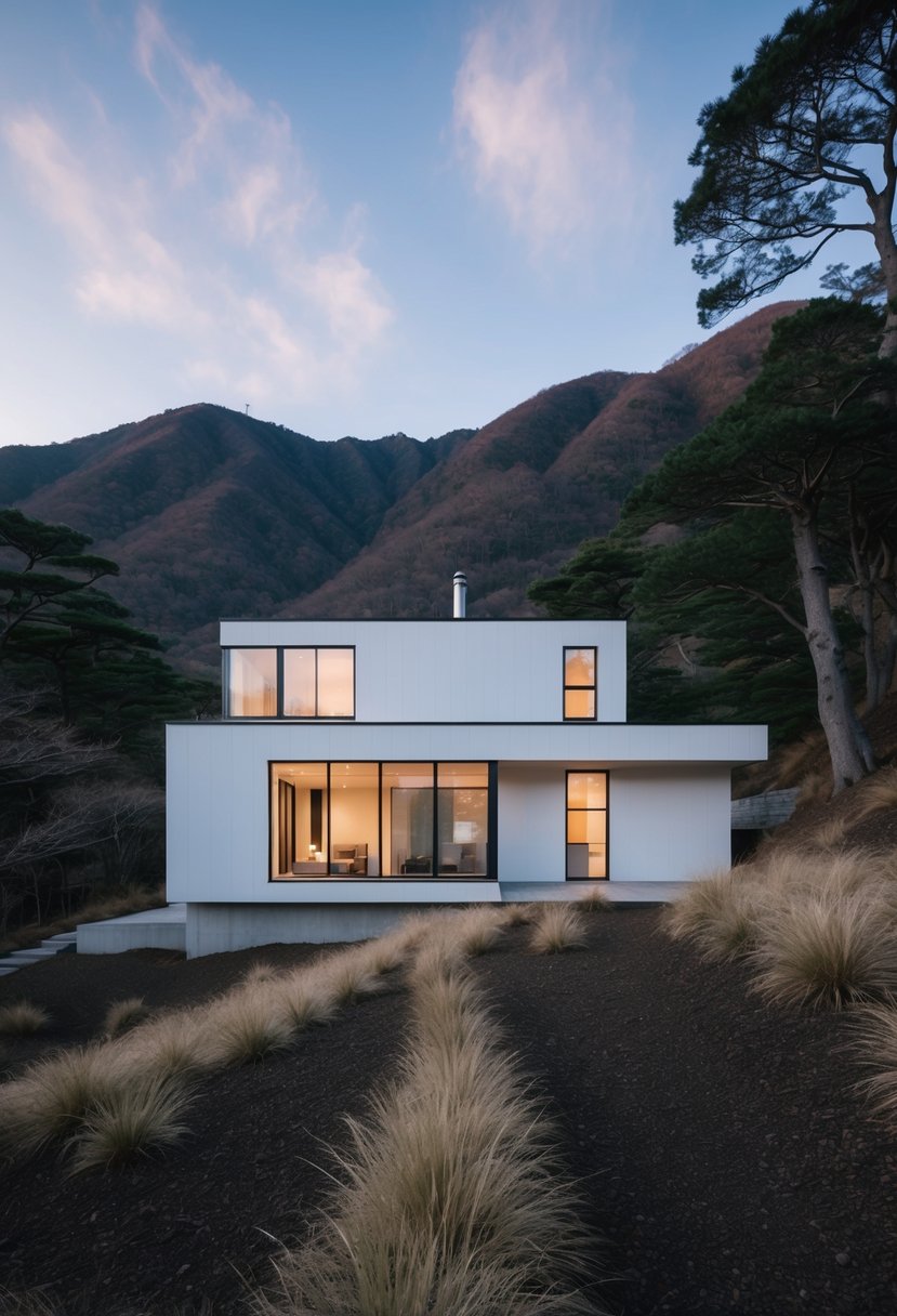 A minimalist house nestled in the Goshikiyama mountains, featuring clean lines, large windows, and a natural color palette