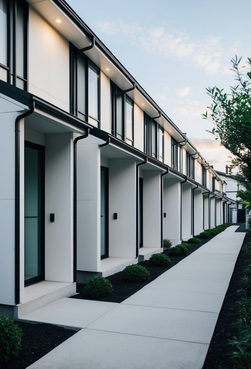 A row of minimalist Japanese homes with clean lines, sliding doors, and small gardens, nestled in a modern urban setting