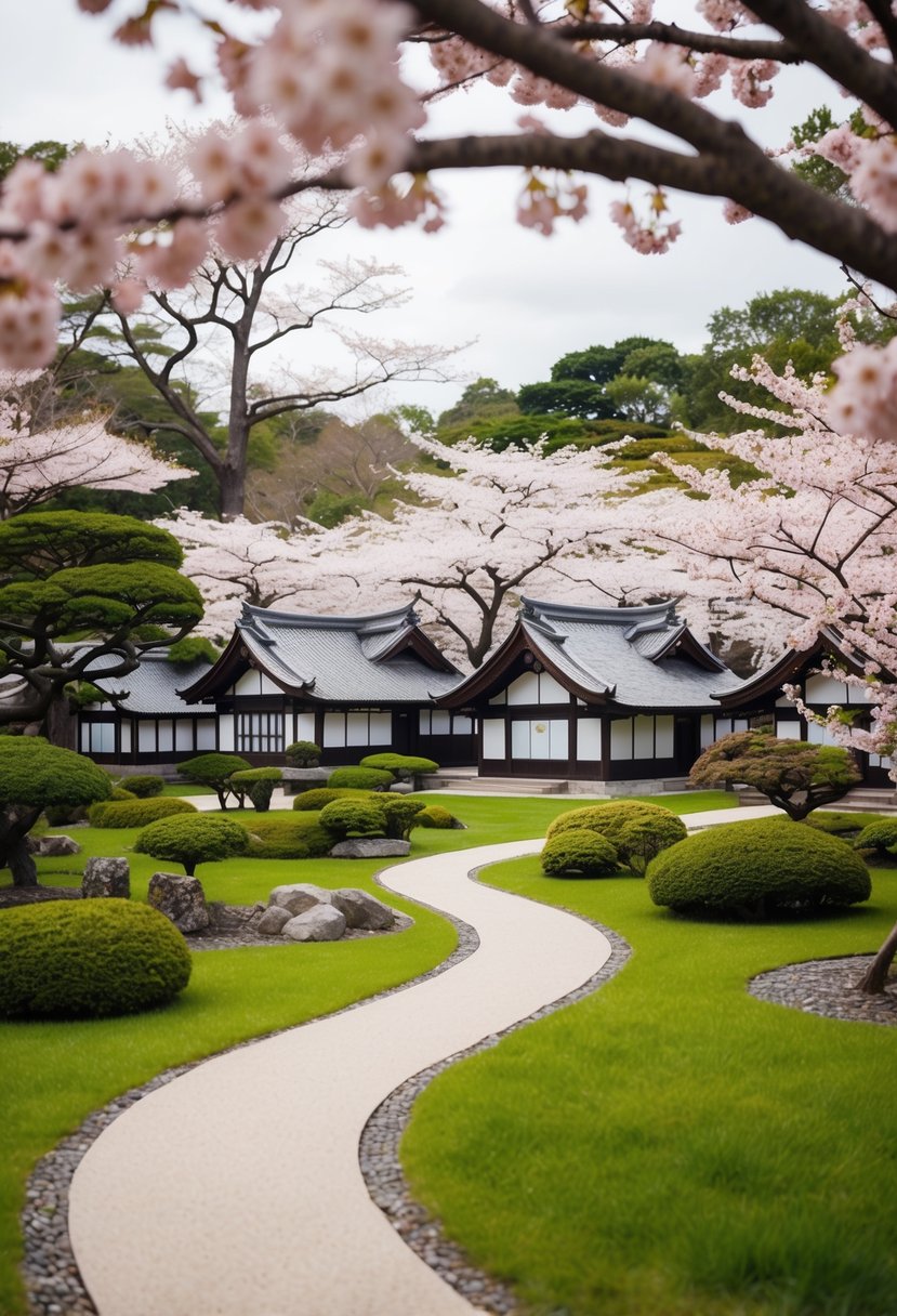 A serene Japanese garden with 15 beautifully designed small houses nestled among cherry blossom trees and winding pathways