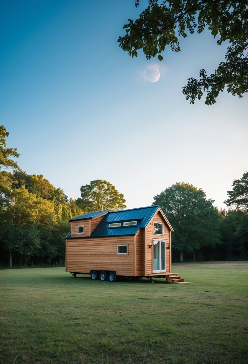 A cozy tiny house nestled on a spacious plot of land, surrounded by trees and a clear blue sky