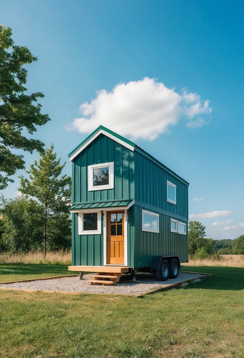 A tiny house nestled on a small plot of land, surrounded by trees and a clear blue sky