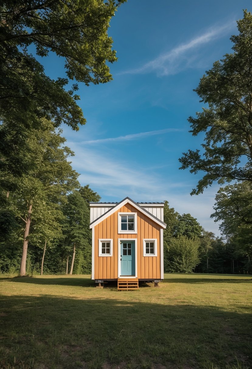 A tiny house nestled on a spacious plot of land, surrounded by trees and a clear blue sky