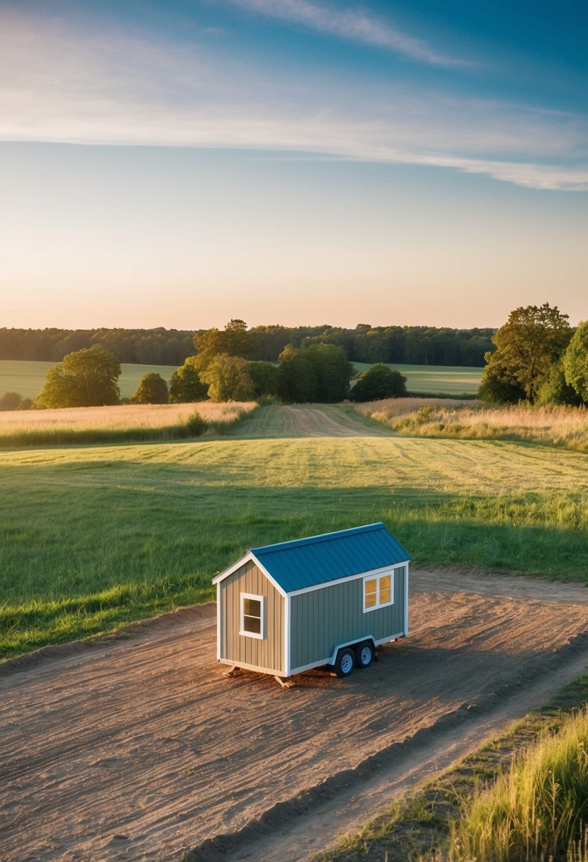 A serene rural landscape with a cleared plot of land and a small, charming tiny house package ready for construction