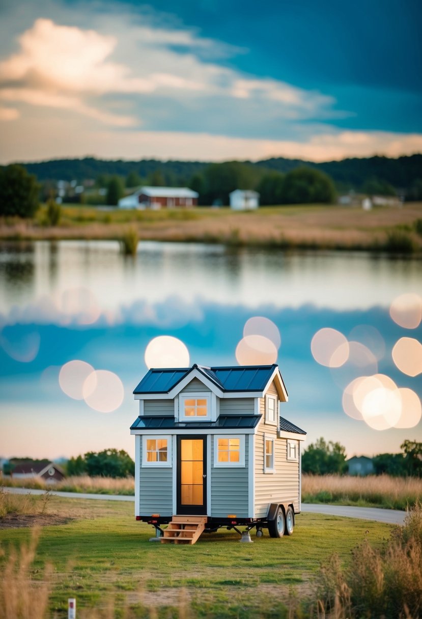 A tiny house nestled on a small plot of land, surrounded by a mix of rural and urban zoning regulations