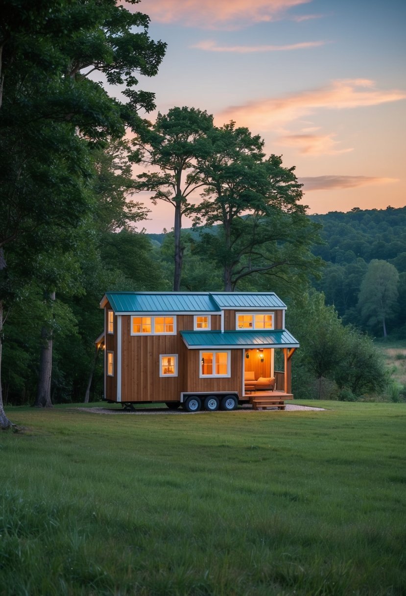 A cozy, custom-built tiny house nestled on a picturesque piece of land, surrounded by lush trees and a serene natural landscape