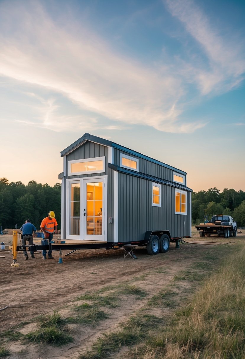 A tiny house being constructed and installed on a piece of land, with workers and equipment present