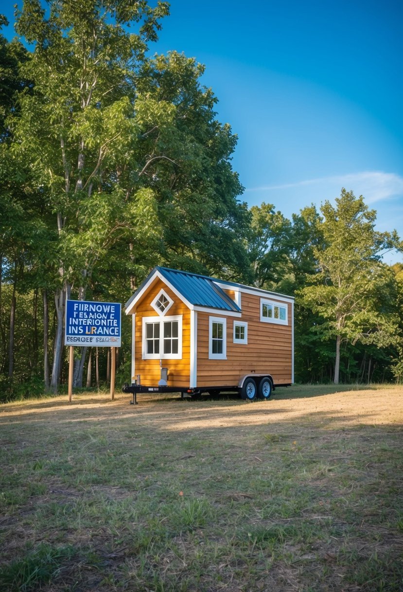 A tiny house nestled on a plot of land, surrounded by trees and a clear blue sky. A sign advertises financing and insurance options