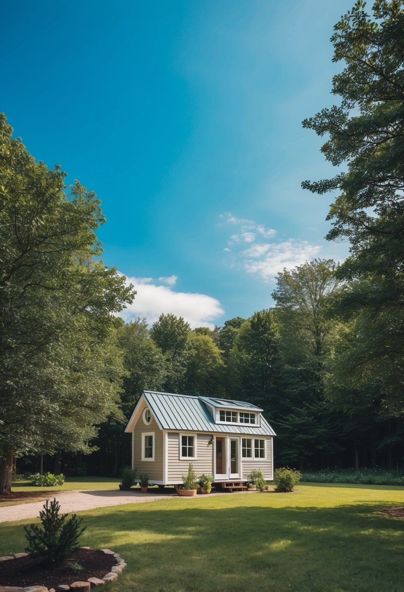 A cozy tiny house nestled in a serene landscape, surrounded by trees and a small garden, with a clear blue sky overhead