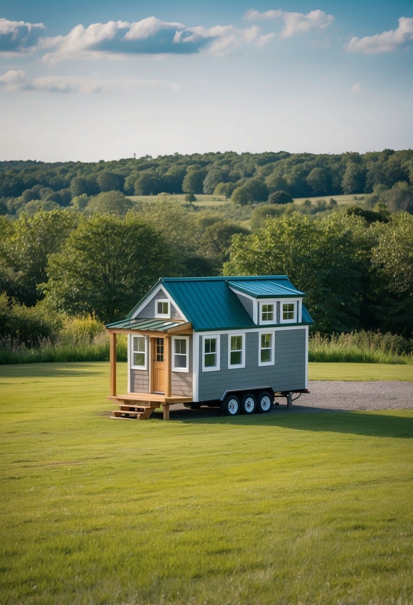 A quaint tiny house nestled on a spacious plot of land, surrounded by lush greenery and a serene natural landscape