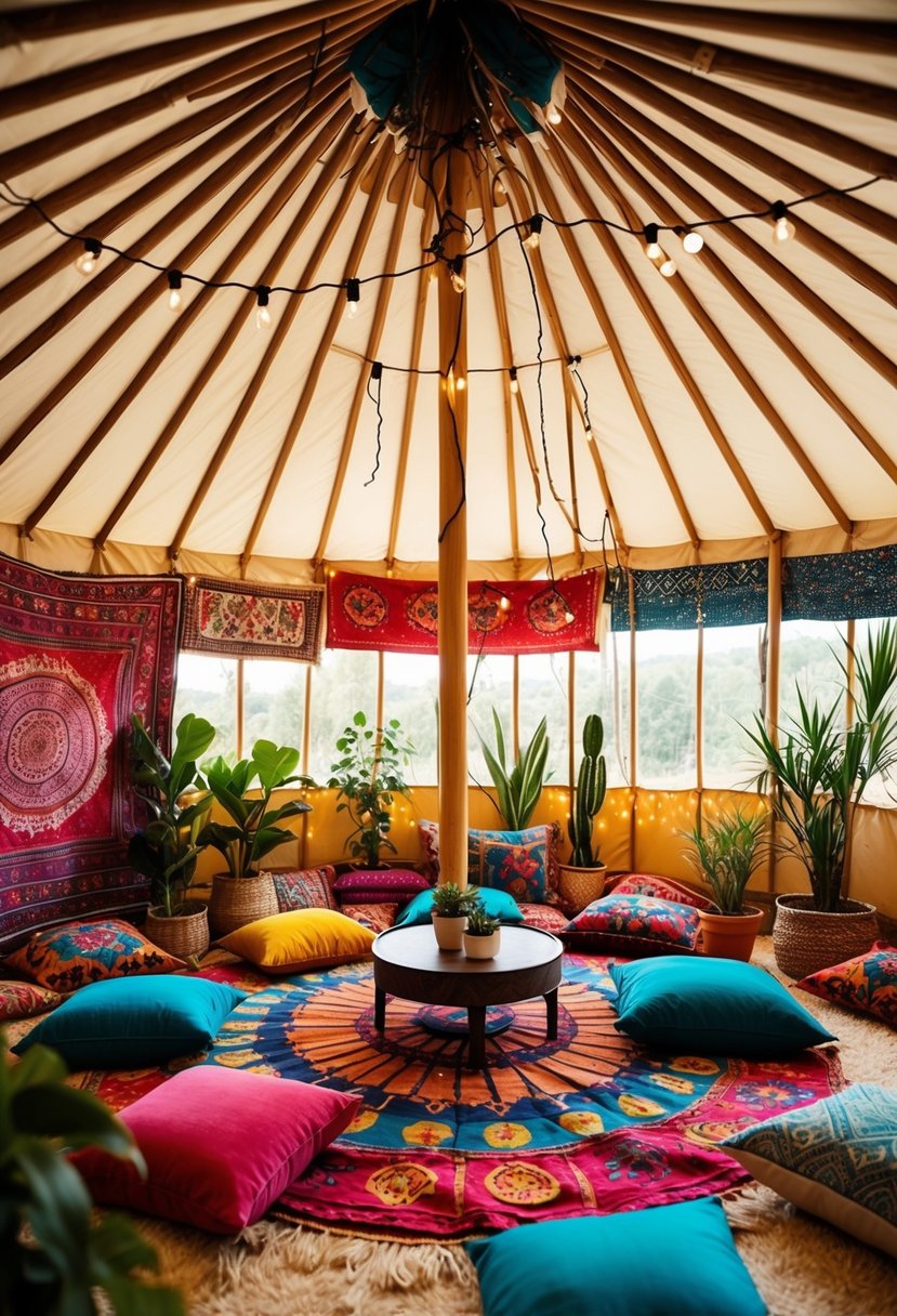 A cozy yurt surrounded by colorful tapestries, floor cushions, and potted plants, with a low table and string lights creating a bohemian atmosphere