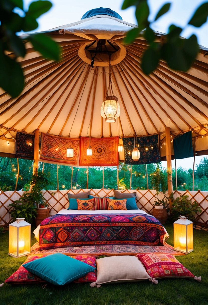 A cozy yurt adorned with colorful tapestries, hanging lanterns, and floor cushions, surrounded by lush greenery and twinkling string lights
