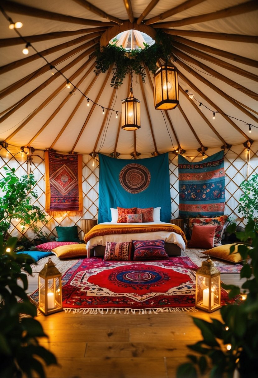 A cozy yurt adorned with colorful tapestries, hanging lanterns, and floor cushions, surrounded by lush greenery and twinkling string lights