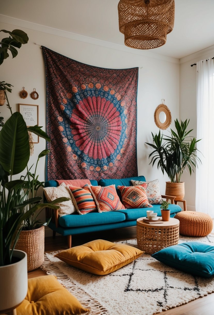 A colorful bohemian living room with tapestries, floor cushions, and plants