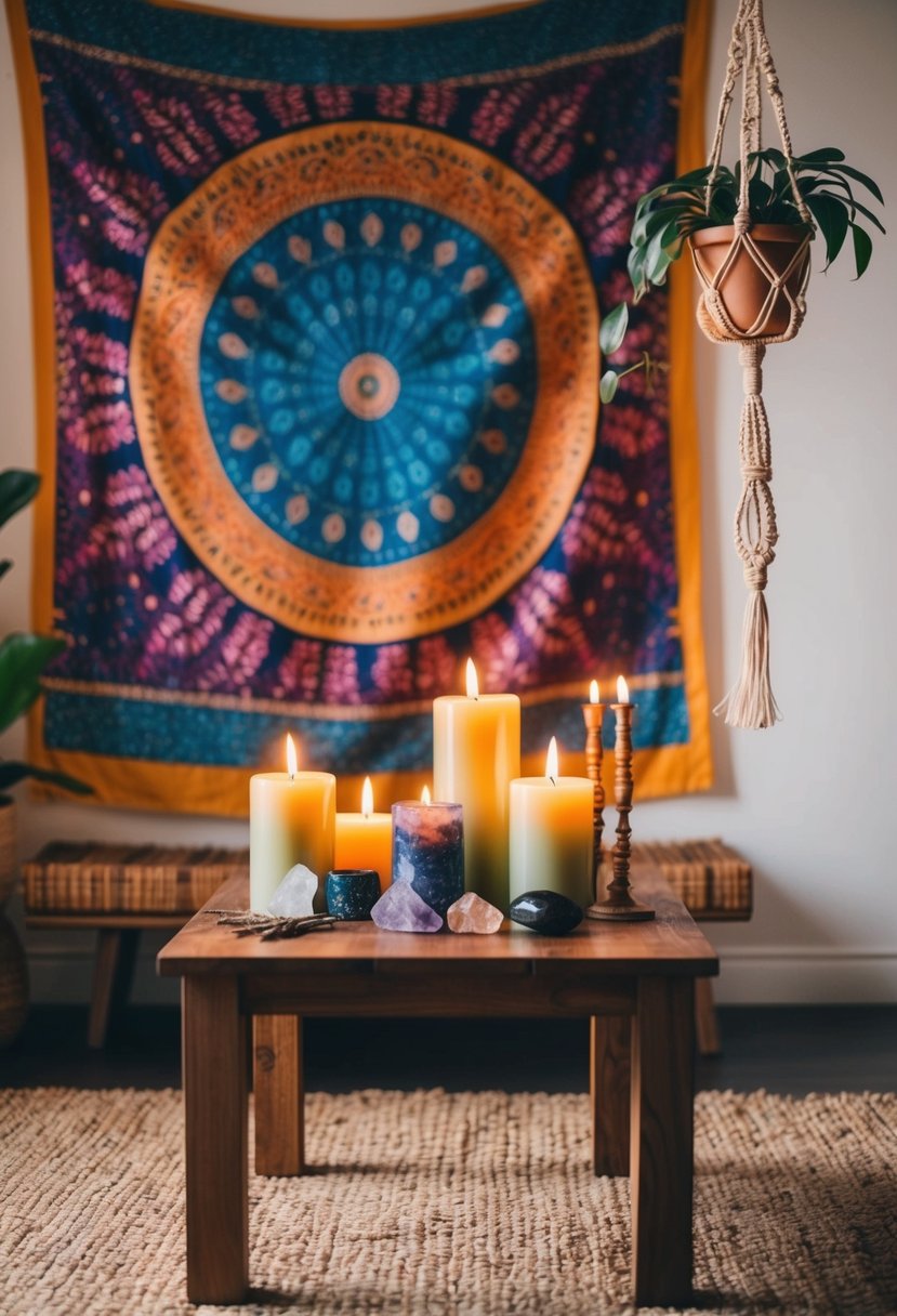 A colorful tapestry hangs behind a low wooden table adorned with candles, crystals, and incense. A macramé plant hanger dangles from the ceiling, and a woven rug covers the floor