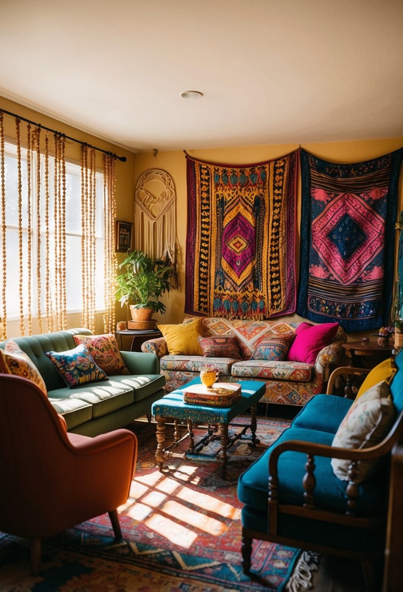 A cozy, eclectic living room with vibrant tapestries, macramé wall hangings, and an assortment of mismatched vintage furniture. Sunlight streams in through beaded curtains, casting a warm, inviting glow