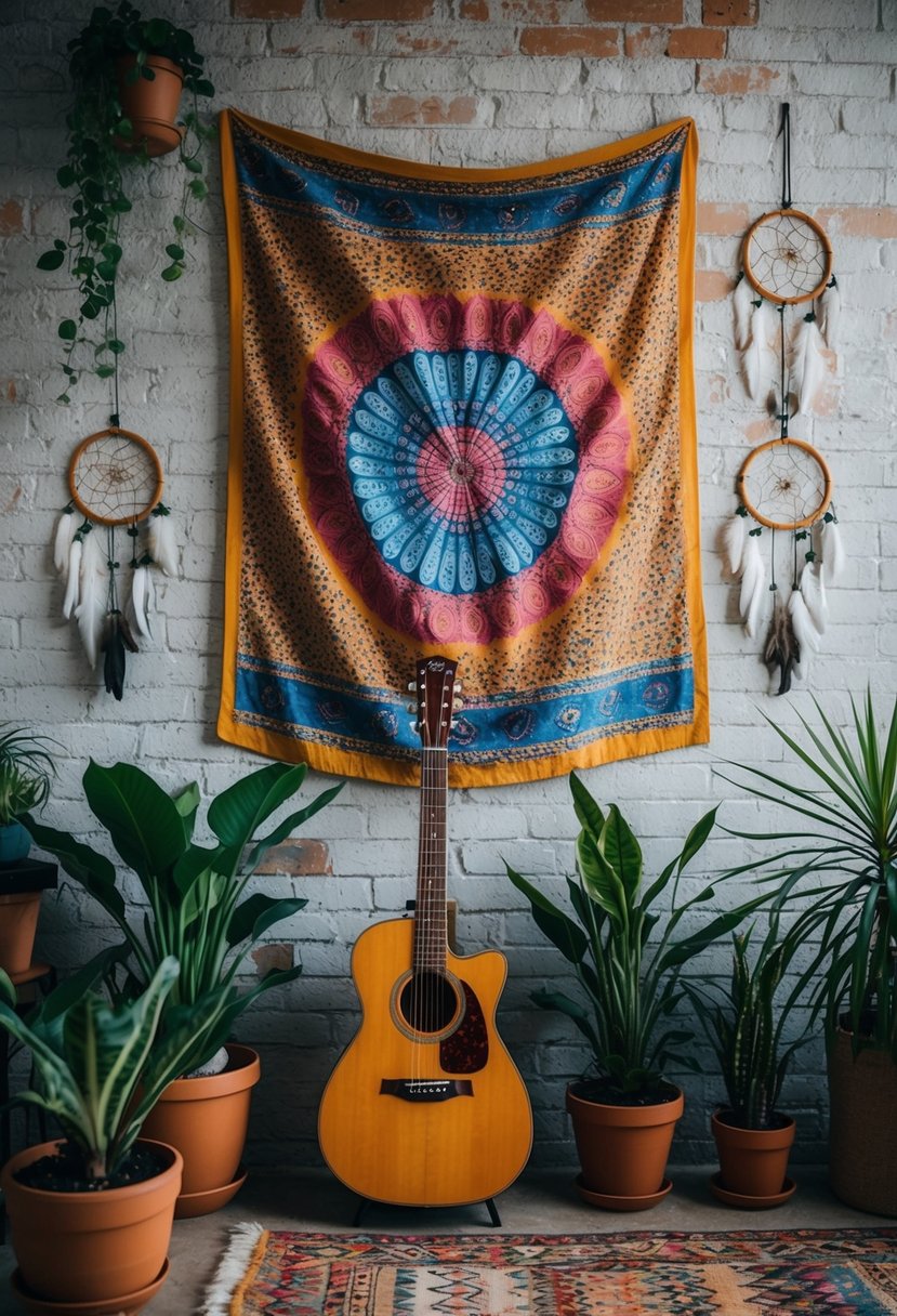 A colorful tapestry hangs on a weathered brick wall, surrounded by potted plants and dreamcatchers. A vintage guitar leans against a patterned rug, creating a relaxed and eclectic atmosphere