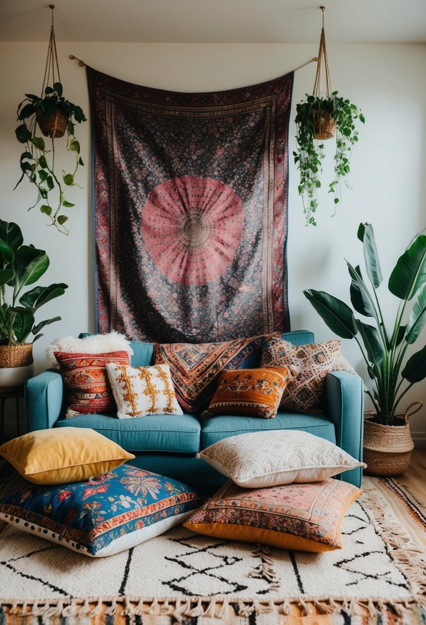 A cozy living room with colorful tapestries, floor cushions, and hanging plants. A mix of patterns and textures create a bohemian vibe